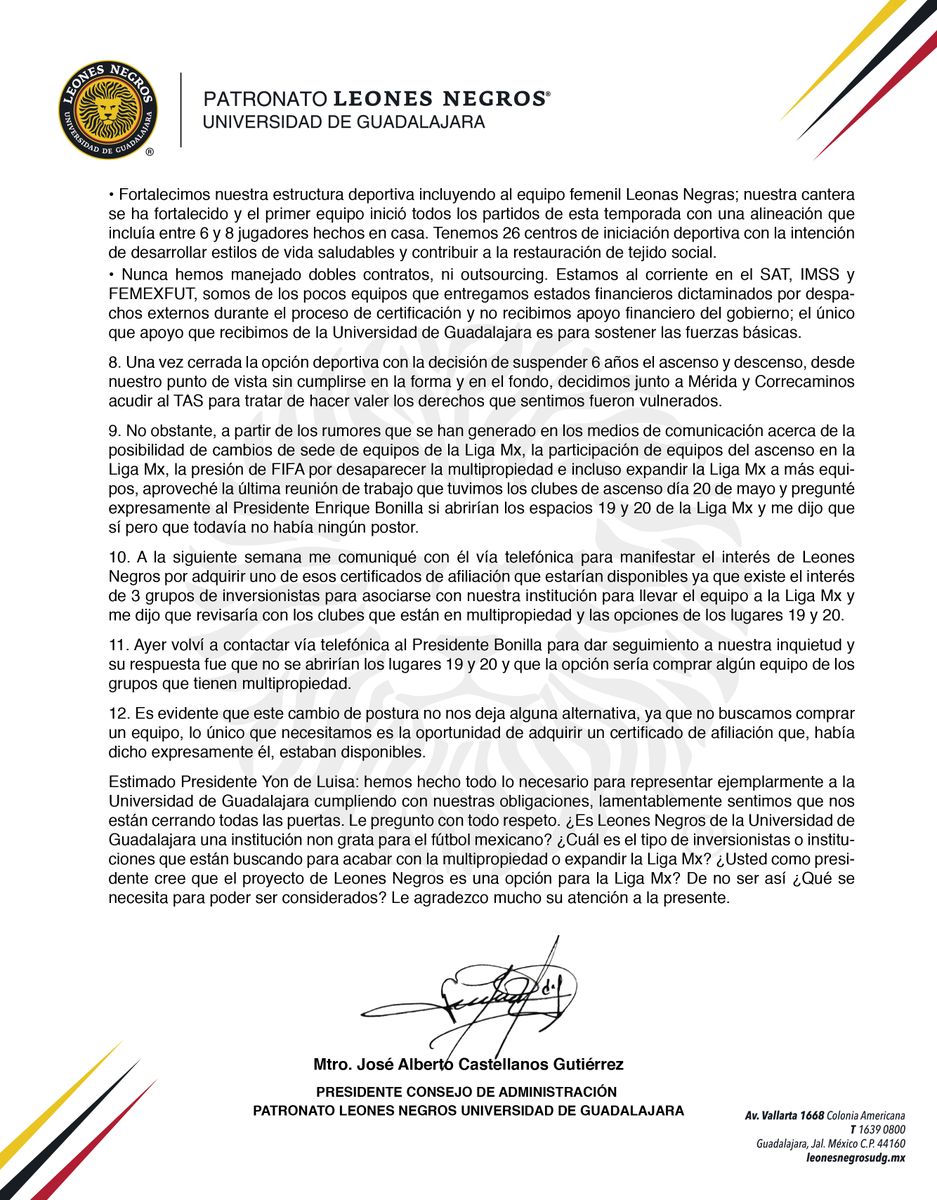 AlbCastellanos's tweet photo. Carta dirigida al Presidente de la @FMF, Yon De Luisa, @LigaBBVAMX y @AscensoBBVAMX https://t.co/ro4YKSLxWj