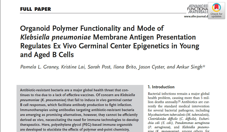 Dr_ASingh's tweet photo. PEG-4MAL immune organoids enabled B cell activation & #epigenetic modulation in B cells from young & aged mice against antibiotic-resistant Klebsiella Pneumoniae clinical isolates. Potential to identify #immunogens, #antibodies, #cell therapies & #vaccines. Congrats all authors! https://t.co/Vgc5Dk3aRz