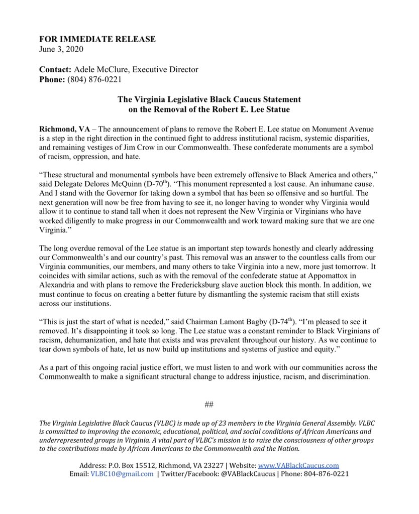 Vlbc Vlbc Statement On The Removal Of The Robert E Lee Statue T Co 1scyg48lfw