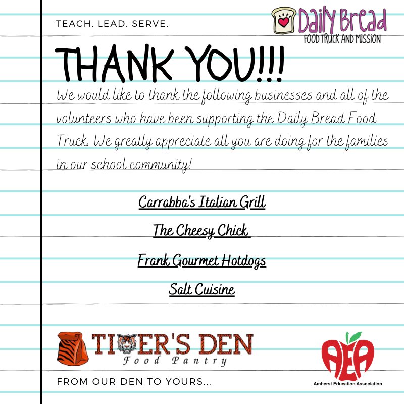 Thank you @Carrabbas @TheCheesyChick  @FindFrankNow, Salt Cuisine and all volunteers for supporting @dailybreadlove  Food Truck! #community #onetiger #tigerstogether