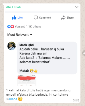 RMahilda's tweet photo. Pagi-pagi dapat mention dari ibu founder, beliau share screenshots komentar salah satu user di fanpage post Hadirr.
Feedback postif dari user adalah salah satu yang bisa merepresentasikan jawaban dari "Apa sih sukanya menjadi UX Writer?"
#LittleThingsThatMatters https://t.co/9LIm7foQls
