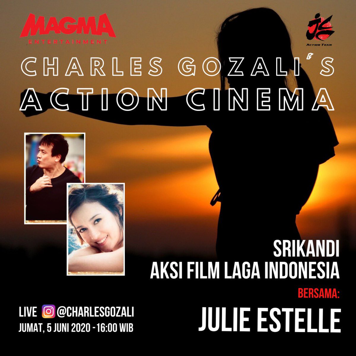 Sebagai filmmaker dgn CV cukup lama di genre action,  saya dihadapkan pd pilihan siapa tamu pertama di Charles Gozali Action Cinema.
Dia salah satu aktor yg saya tunggu utk bisa bekerjasama. Dia Julie Estelle.
Jumat 5 Juni 2020 jam 16.00 WIB di IG live chat @charlesgozali.