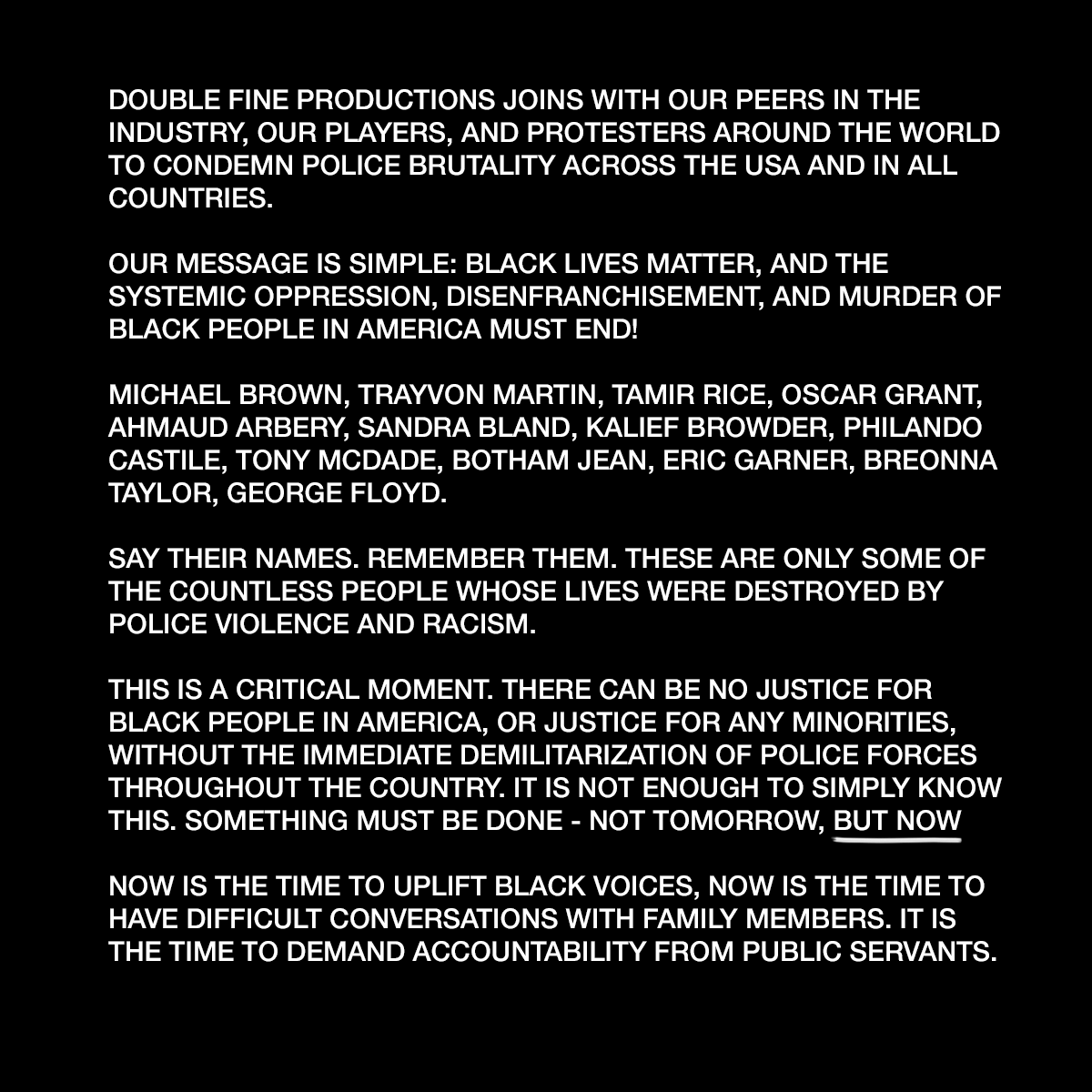 DoubleFine's tweet photo. A message from everyone at Double Fine Productions about current events: https://t.co/gg6GKdK1FH