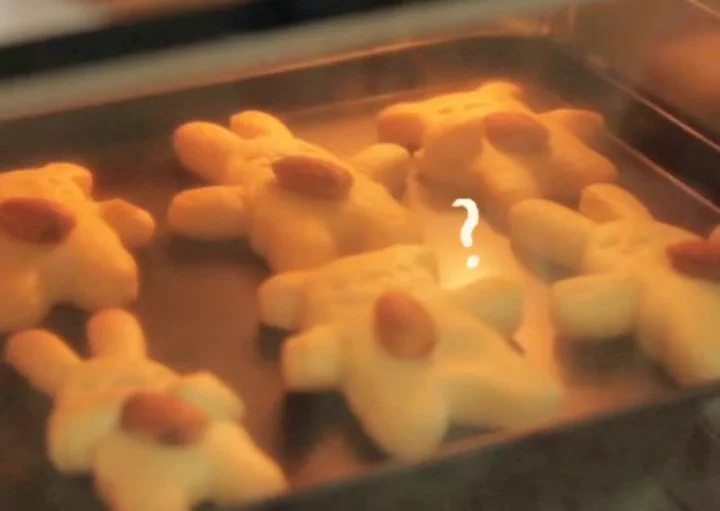 アーモンドを持った動物クッキーを焼いた結果…？ただアーモンドをおなかにのせただけになってしまったwww