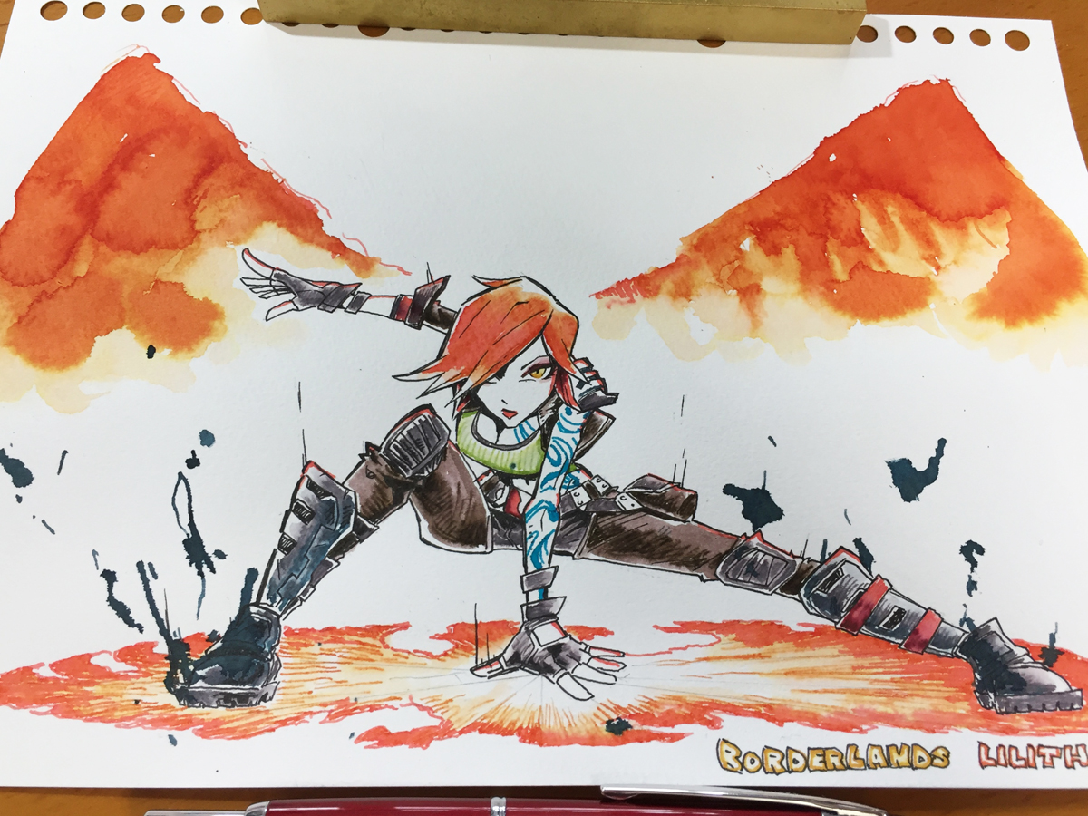 アカハナドラゴン Illustrator ボーダーランズ３クリア記念 ファイヤホーク リリスさんのヒーロー着地 いや 面白かった けど 4出るのかな ボーダーランズの絵は色々描きたいけど 細部が細かいので この紙のサイズに万年筆で描くには限界がある