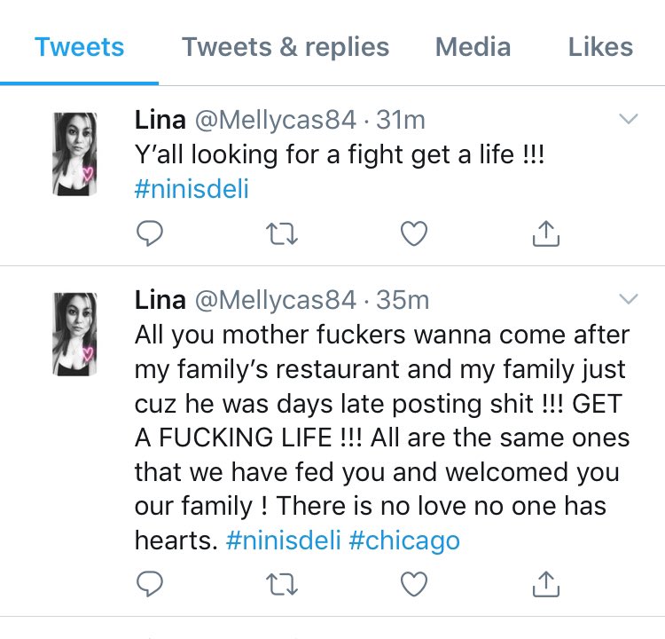 chi1923's tweet photo. Seems to be the owners sister or relative. She was talking that shit earlier but seems kinda quiet now. They’re racist and mad that ppl are calling them out for being racist🤔🤣😂 #ninisdeli https://t.co/hvu9HvOYn4