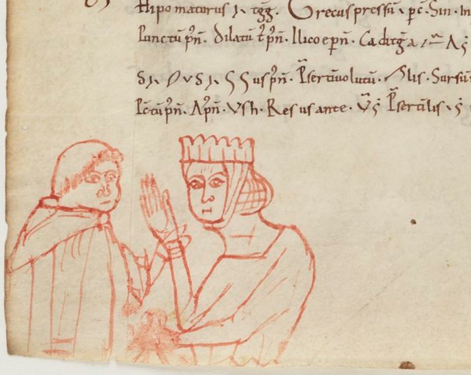 Graemey_Ward's tweet photo. An oddly arresting wee doodle from Paris BM 1597A, fol. 105v (2/2 9th C, Saint-Rémi, Reims). Codex transmits a patristic dossier on images connected to the Council of Paris in 825, along with a handbook on Tironian notes. 
https://t.co/yJm01mCBV9 https://t.co/xJeUCsi2lL