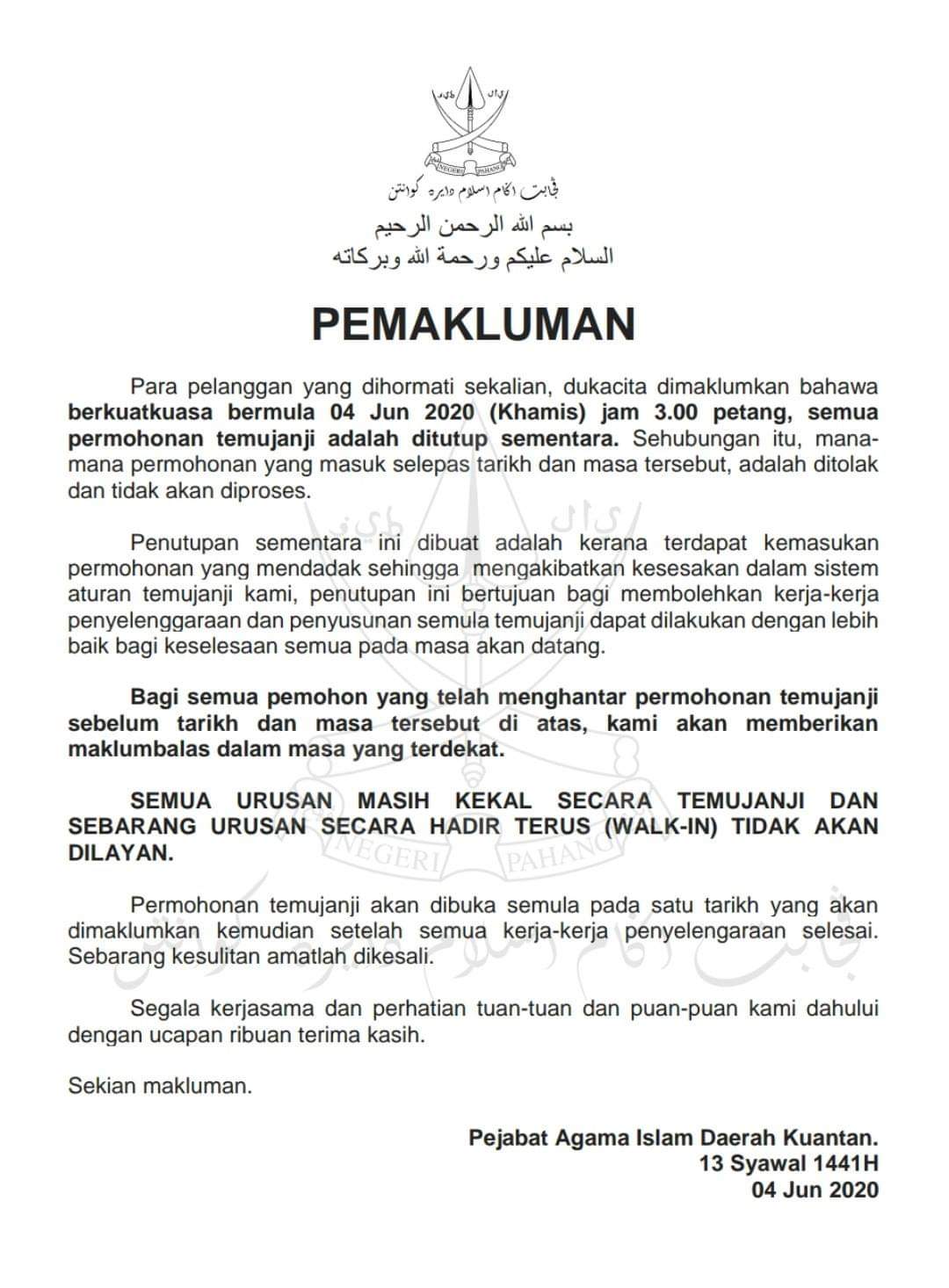 Pahangfm On Twitter Pemakluman Berkaitan Urusan Temujanji Di Pejabat Agama Islam Daerah Kuantan Pelanggan Yang Telah Mendapat Tarikh Temujanji Sila Hadir Sebagaimana Temujanji Yang Telah Ditetapkan Stayhome Pahangfm Https T Co Ihimgwcami