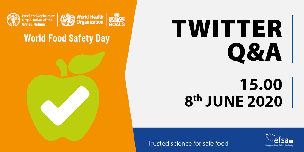 We look forward to answering your questions with #CodexSecretary Tom Heilandt and our own @BUrl_EFSA! 
 
Join us in the LIVE Q&amp;A Session on Twitter next Monday 8th June at 15:00 CEST. 
  
#WorldFoodSafetyDay #AskEFSA #Foodsafety