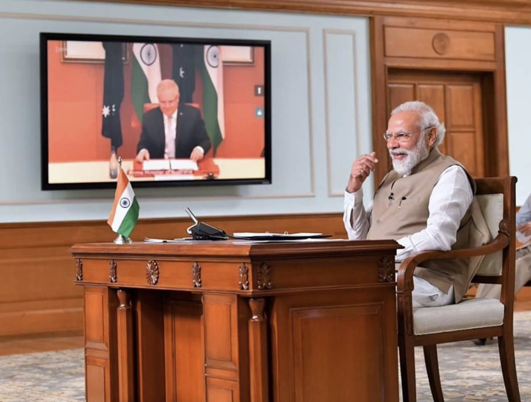 पीएम @narendramodi जी और ऑस्ट्रेलियाई पीएम स्कॉट मॉरिसन ने #VirtualMeet के माध्यम से भारत-ऑस्ट्रेलिया संबंधों की व्यापक रूपरेखा की समीक्षा की और कई क्षेत्रों में संबंधों की प्रगति का उल्लेख किया।