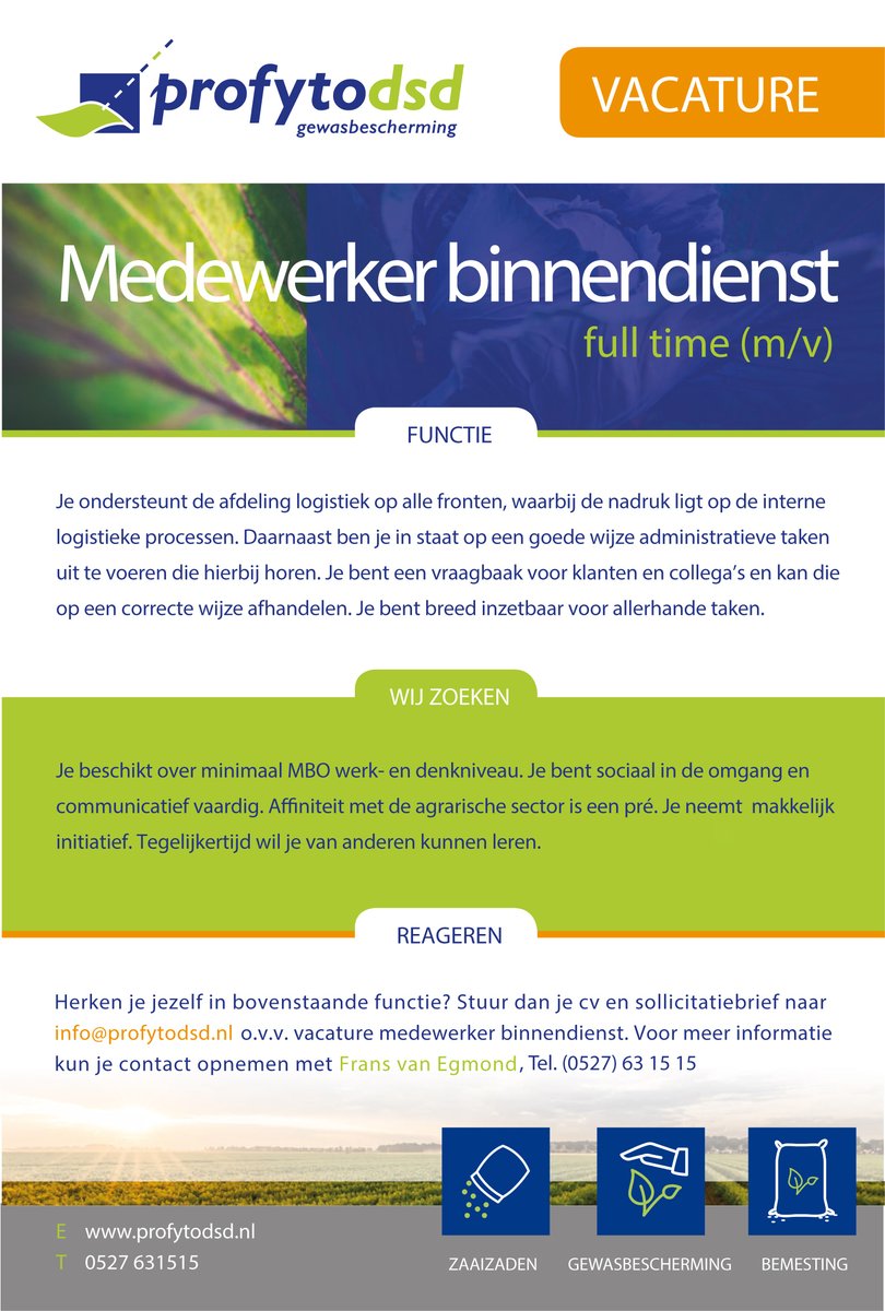 Ter ondersteuning van logistiek en binnendienst zijn wij op zoek naar een nieuwe collega die van aanpakken houdt!