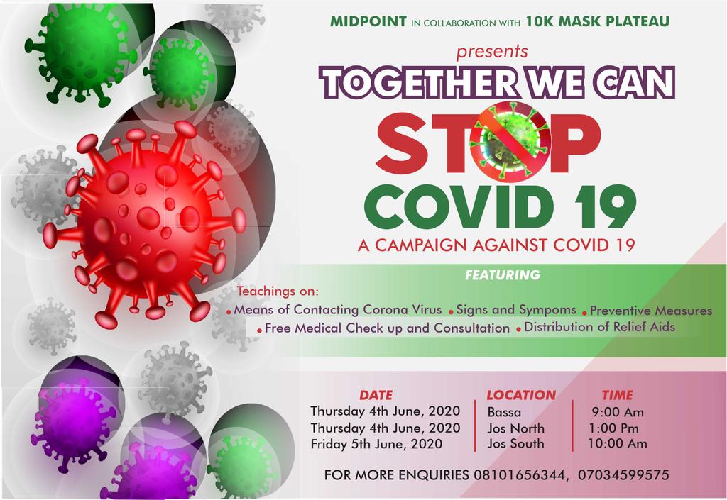 10kmaskplateau's tweet photo. Join us reach out #10maskplateau #midpoint #COVIDー19 @AmamaBenn @PLS_MOH @PLSGov @Pictda_ng @Covid19Plateau @HousePlateau @JosInfluencer @Joelengs01 @Princeponfa @dastuacademy @ObetaOdinaka @sblalong @Jos937Rhythm @UnityRadioFMTV @NTANewsNow @nHubNG @WHONigeria @UJXclusive https://t.co/yWmLwnn9PJ