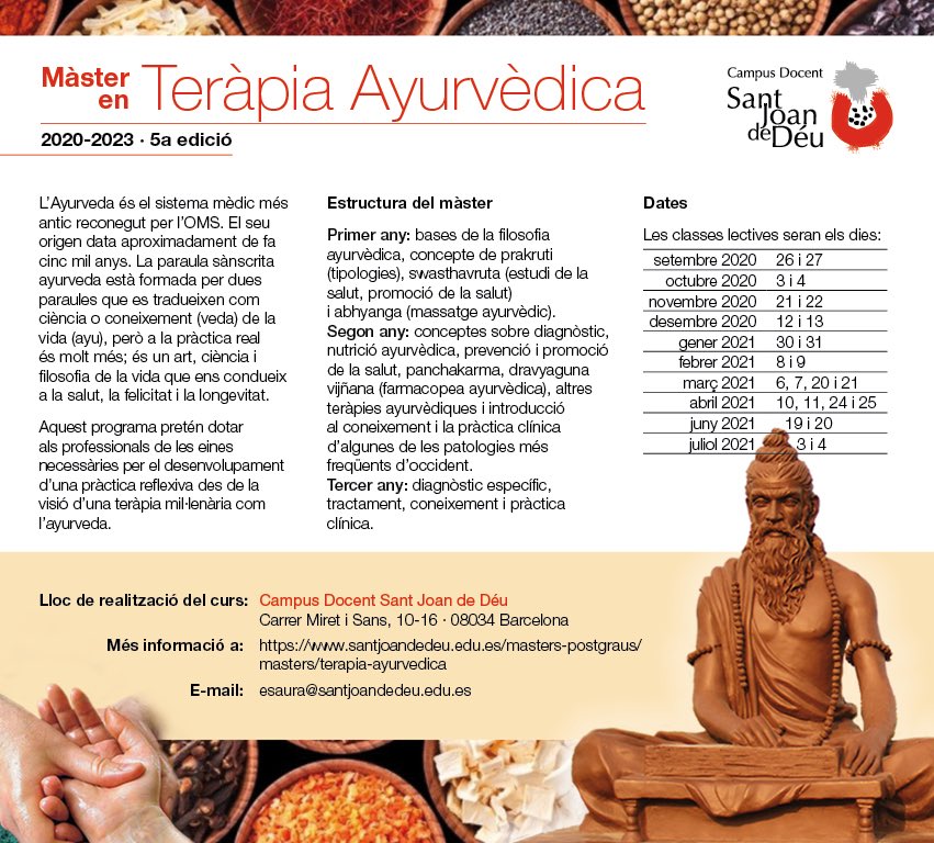 SauraEkata's tweet photo. Aquesta tarda sessió informativa a les 17 h online us esperem! #masterayurveda #campussatnjoandedeu #ayurveda #ayurvedahealing #ayurvedaeveryday #ayurvedalife #ayurvedamedicine #ayurvedatreatment #ayurvedayoga https://t.co/OJ5scMBcoW