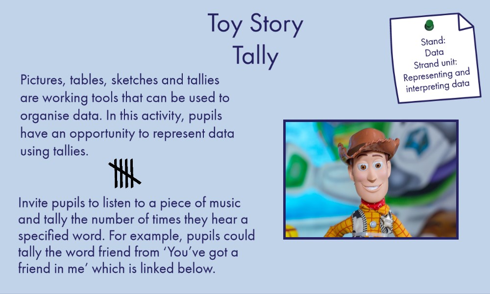OidePrimarySTEM's tweet photo. #stemsmaointe 3 is live at https://t.co/2C8Kp1VOgX and Toy Story Tally is one example of the learning experiences based on the theme of Music. Make a tally mark every time you hear the word friend in this song from Toy Story. #edshareie #distancelearning https://t.co/pwnZ7mmTjf https://t.co/qM7GjkKUqu