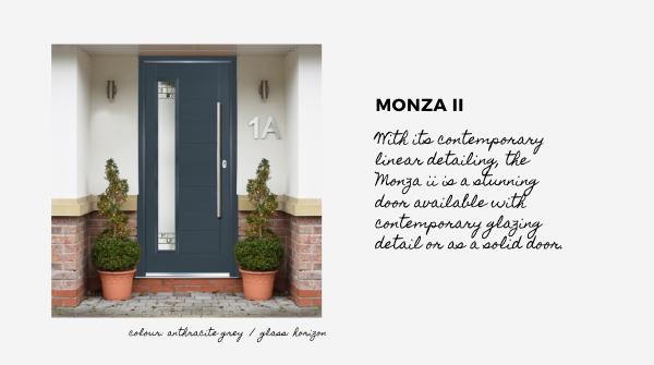 Monza II is unique to DOORCO and one of our most popular products. It’s linear panel design and book-matched woodgrain detail make it a stunning choice for a modern entrance. Create yours now: door-co.com/door-designer/