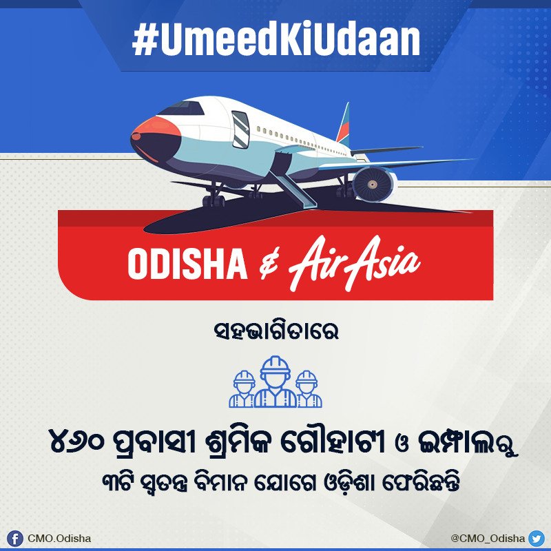 ପ୍ରବାସୀ ଓଡ଼ିଆଙ୍କ ସୁରକ୍ଷିତ ପ୍ରତ୍ୟାବର୍ତ୍ତନ ପାଇଁ ଟ୍ରେନ ସୁବିଧା ନଥିବା ସ୍ଥାନମାନଙ୍କରୁ ବିମାନ ଯୋଗେ ଫେରାଇ ଆଣିବାକୁ ରାଜ୍ୟ ସରକାର ବ୍ୟବସ୍ଥା କରିଛନ୍ତି। ବୁଧବାର ୩ଟି ସ୍ୱତନ୍ତ୍ର ବିମାନ ଯୋଗେ ୪୬୦ ପ୍ରବାସୀ ଓଡ଼ିଆ ରାଜ୍ୟକୁ ଫେରିଛନ୍ତି। ସେମାନଙ୍କ ସ୍ୱାସ୍ଥ୍ୟ ପରୀକ୍ଷା ସହ ବସ ଯୋଗେ ନିଜ ନିଜ ଅଞ୍ଚଳକୁ ପଠାଯାଇଛି। #OdishaCares