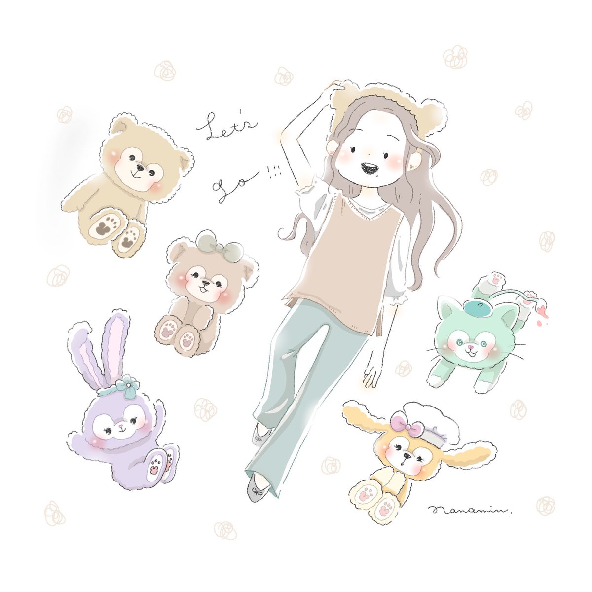 1girl blush long hair pants smile brown hair stuffed toy  illustration images