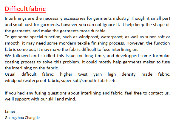 JamesDuan12's tweet image. Difficult fabric, the fusible interlining is difficult to fuse on, contact us
#interlining #fusibleinterlining #nonfusible #chinainterlining #interliningchina #topfuse #collarinterlining #sewininterlining #difficultfabric #difficultfabrics #difficultfuse #difficultfusing