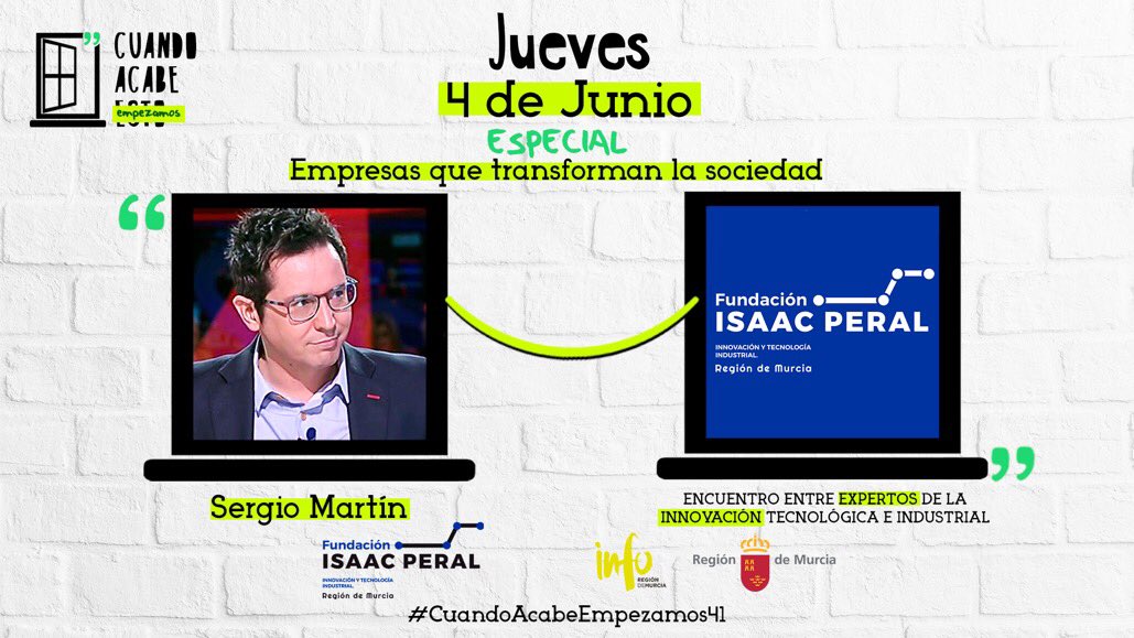 “Empresas que transforman la sociedad”

Hoy jueves en <a href="/CuandoAcabeEsto/">Cuando Acabe Esto</a> tienes una cita con <a href="/F_Isaacperal/">Fundación Isaac Peral</a> <a href="/infoRMurcia/">Instituto de Fomento</a> <a href="/Empresa_RM/">Consejería de Empresa, Empleo y Economía Social</a>

Ponentes: <a href="/AnaMartinezVid1/">Ana Martínez Vidal</a> <a href="/mtascon/">❦ Mario Tascón ❦</a> <a href="/yayodelgado/">Yayo Delgado</a> <a href="/felixlopezgil/">Félix López Gil</a> @CanovasVicente <a href="/jcgmrt/">José Carlos García</a>

Moderador: <a href="/sergiomartin/">Sergio Martín</a>

¡¡No te lo pierdas!! 🚀