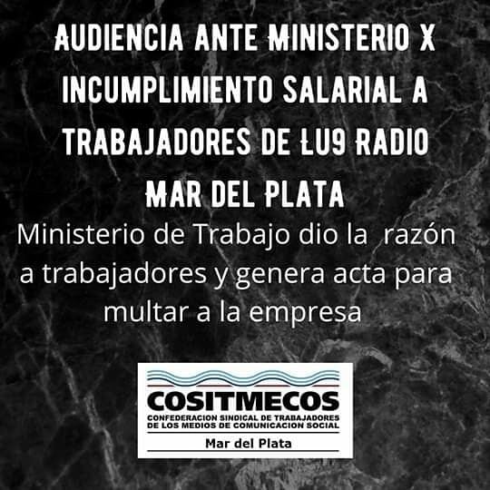 satmdp's tweet photo. Conflicto salarial en LU9 Radio Mar del Plata  , Ministerio resuelve en favor de las trabajadoras y los trabajadores . 
#LU9 #conflictosalarialLU9 #COSITMECOS #PagaLosSueldosAldrey https://t.co/8bScPr8Jz0