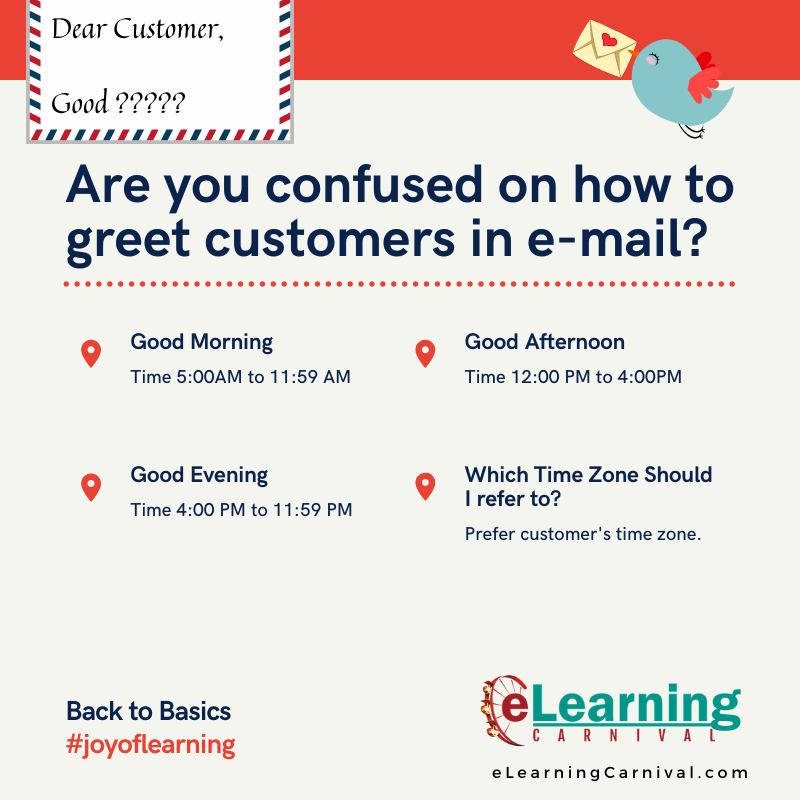 eLearnCarnival's tweet photo. Confused on greeting when writing emails. Ultimately, one of our colleagues suggested a logical solution and we want to share it with all. May be it works for you.

#emailtips #joyofLearning #LearningCarnival https://t.co/iHuLPOZsUY