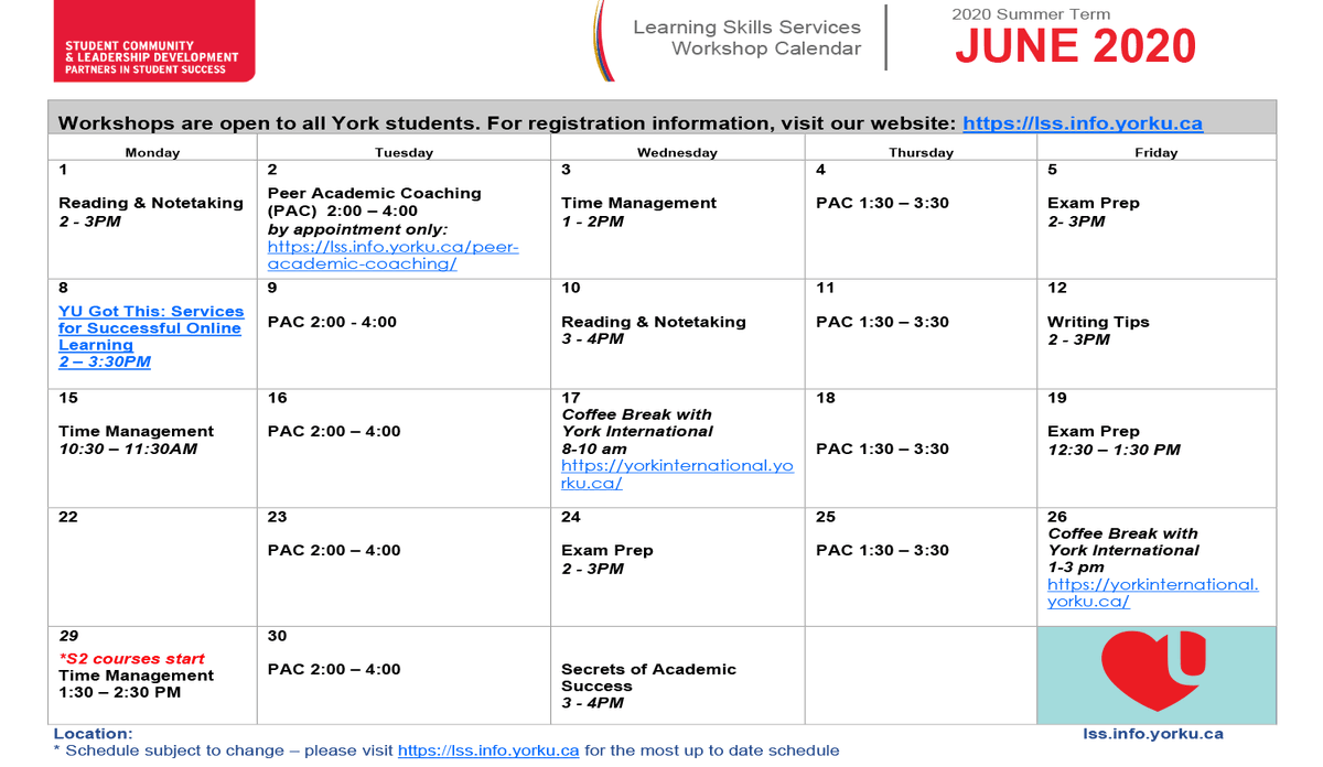 mechlassonde's tweet photo. Learning Skills Workshops June 2020 (offered remotely to YorkU students, registration is required) For a schedule of all webinars, please visit LSS homepage https://t.co/a5jhXj4jec https://t.co/5m44y1gBHC