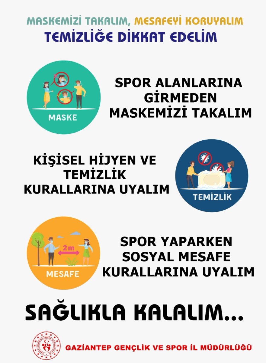 Maskemizi Takalım. 😷
Mesafeyi Koruyalım. 🧍‍♂️   🧍‍♀️
Temizliğe Dikkat Edelim. 🚰🚮

Covid-19 normalleşme kurallarına uyarak spor tesislerimizi kullanabilirsiniz...

#GaziantepGençlikSpor