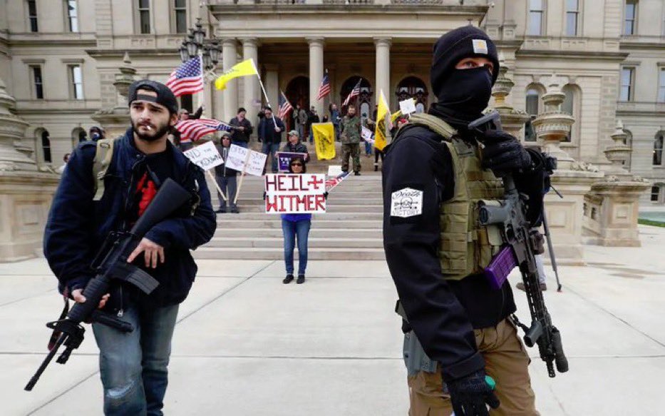 @ava <a href="/millenialoldsol/">millenialoldsoul</a> Mr. Sean Monterrosa was killed while kneeling, shot 5 times, because the cops thought a hammer in his WAISTBAND was a gun.

Here are white people walking around openly with assault rifles and no cops shot them.

#ThisIsWhatWhiteSupremacyLooksLike