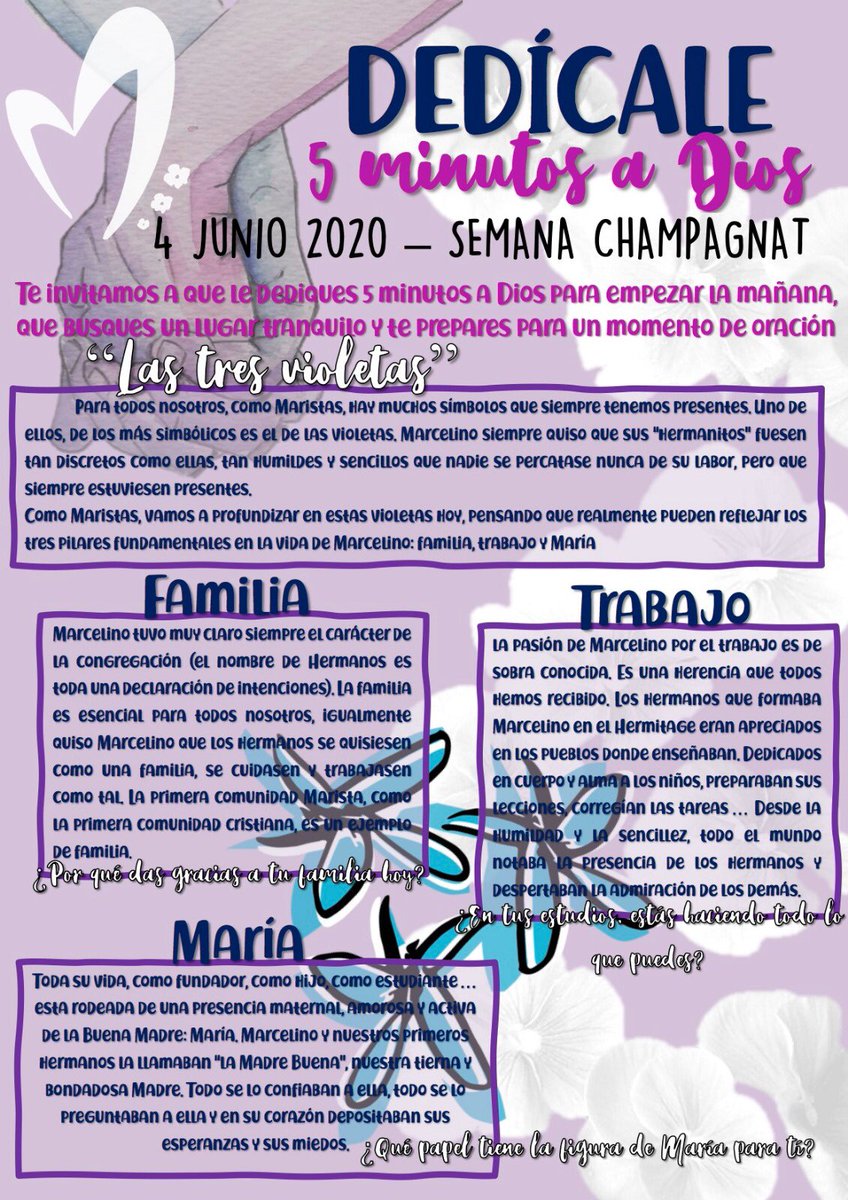MaristaBadPast's tweet photo. ORACIÓN 4/VI: 3 violetas...Símbolo marista por excelencia...S Marcelino Champagnat quería que los maristas fuéramos como esa flor:está y aporta.#AhoraMaristas ENLACE ORACIÓN EN DIRECTO INF. - 4º PRIM.: https://t.co/r8CcvCWTMi #10tobe @ArchiMridaBadaj @gvxbadajoz @MaristasBadajoz https://t.co/MsWywzzDzZ