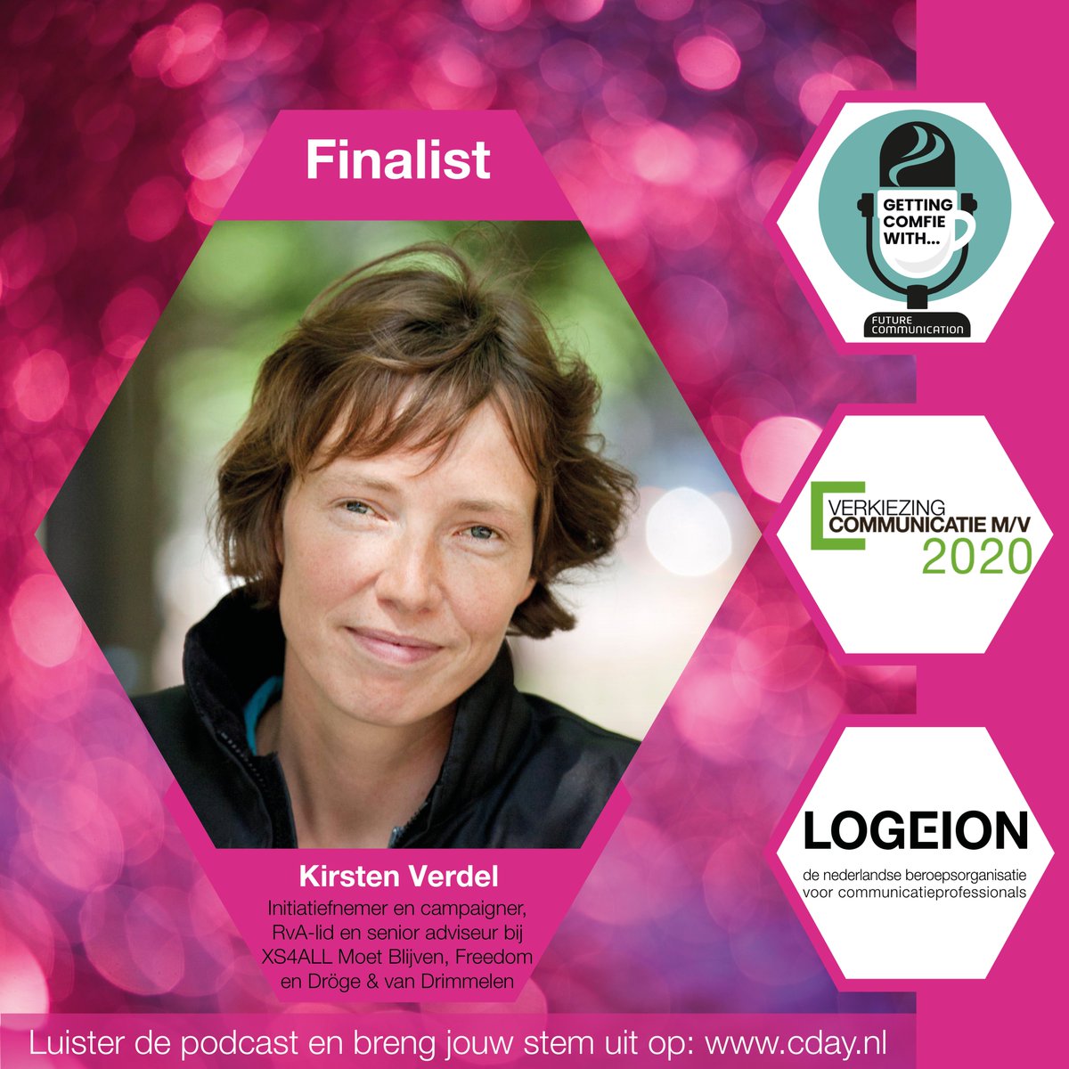 Logeion's tweet photo. Heb jij al de podcast beluisterd van Kirsten Verdel? Help haar aan de titel Communicatievrouw van het Jaar door te stemmen via: https://t.co/F9v5urc9N2 #commnucatieverkiezingen2020 #commv2020 #comtalent2020 #communicatie #XS4AllMoetBlijven #Freedom #gettingcomfiewith @FutureComm_ https://t.co/KhgsH11Kjm
