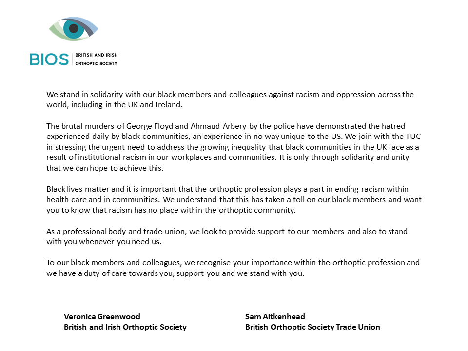BIOS_Orthoptics's tweet photo. We stand in solidarity with our black members and colleagues against racism and oppression. 
#BlackLivesMattter https://t.co/3YiBOAmNJz