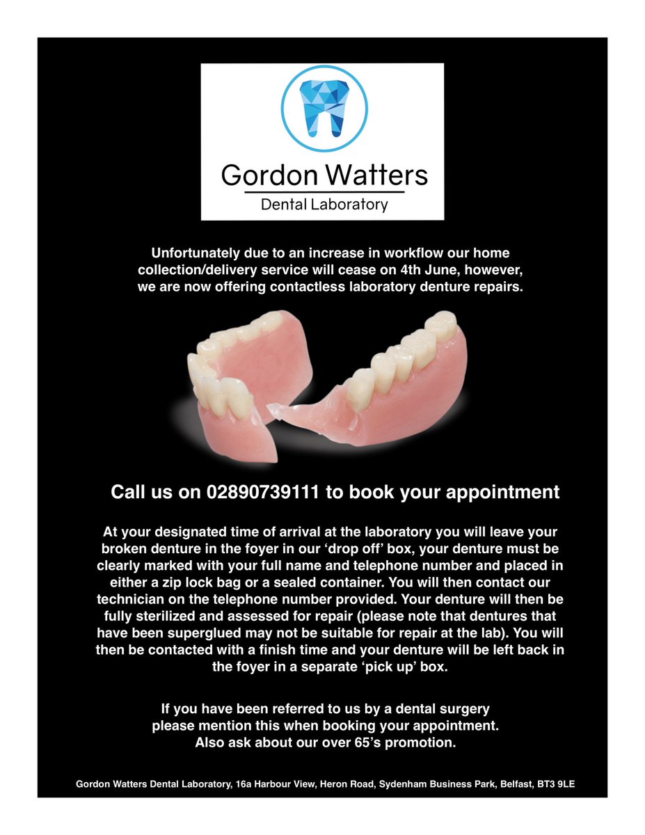 Please see our new denture repair procedure. Please call us in advance to book your appointment. #belfast #denturerepair #dentaltechnician #dentallab