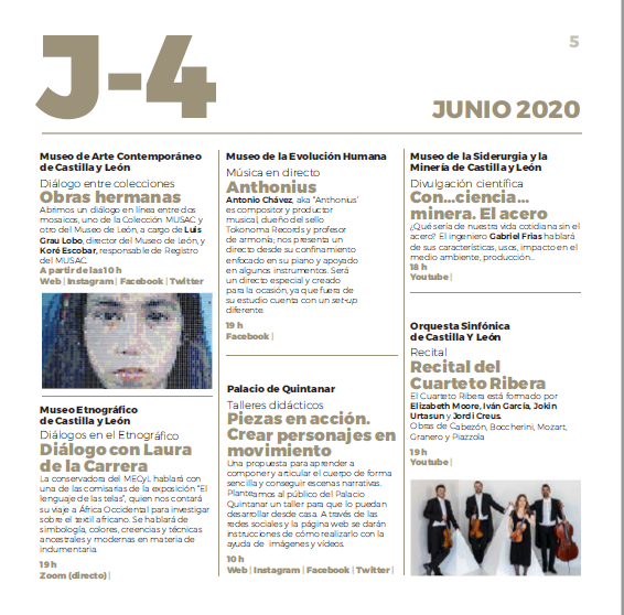 culturacyl's tweet photo. Programación online de hoy, jueves 4 de junio, del @musacmuseo, @Muset_CyL, @museoevolucion, @pquintanar, @MuseoSiderurgia y la @OSCyL_ https://t.co/ERT8JlmnuR