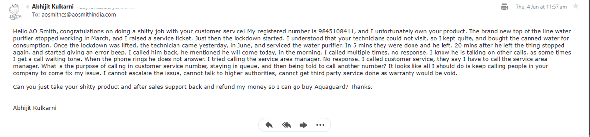 abyventura's tweet photo. @AOSmithin The worst part of customer service is not that the issue is unresolved, but not able to get in touch with any of your technicians. No one is answering the calls or reaching back. I'm just being bounced back and forth. Can I have a refund? https://t.co/vL5V50JAAB