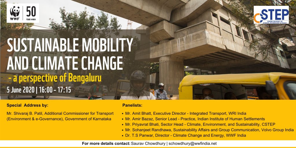Join us for an interactive session to witness experts talk about challenges &amp; opportunities for #sustainable #mobility in B'lore, its role in addressing #climatechange &amp; air pollution tmrw @4PM. Register here: bit.ly/WWFWebinar
<a href="/CSTEP_India/">CSTEP</a> <a href="/WRIIndia/">WRI India</a> <a href="/iihsin/">Indian Institute for Human Settlements</a> <a href="/VolvoGroup/">Volvo Group</a>