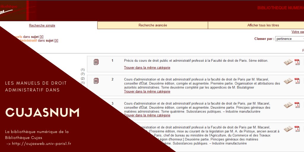 Cujas_Bibli's tweet photo. Découvrez une sélection de #manuels de droit administratif dans notre bibliothèque numérique patrimoniale #Cujasnum, dont le cours de droit public et administratif de Louis Antoine #Macarel, figure de l’#enseignement du #droit #administratif !
➡️ https://t.co/zisIfwe5ou https://t.co/tM7CuROUR0