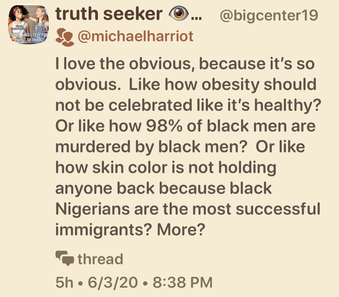 I had a professor who always talked about "the necessity of existence." Basically, some things should be created just so that thing will exist in the world.So here's a thread to RT anytime some1 responds to  #BlackLivesMatter   with "but black on black crime" like this yahoo.