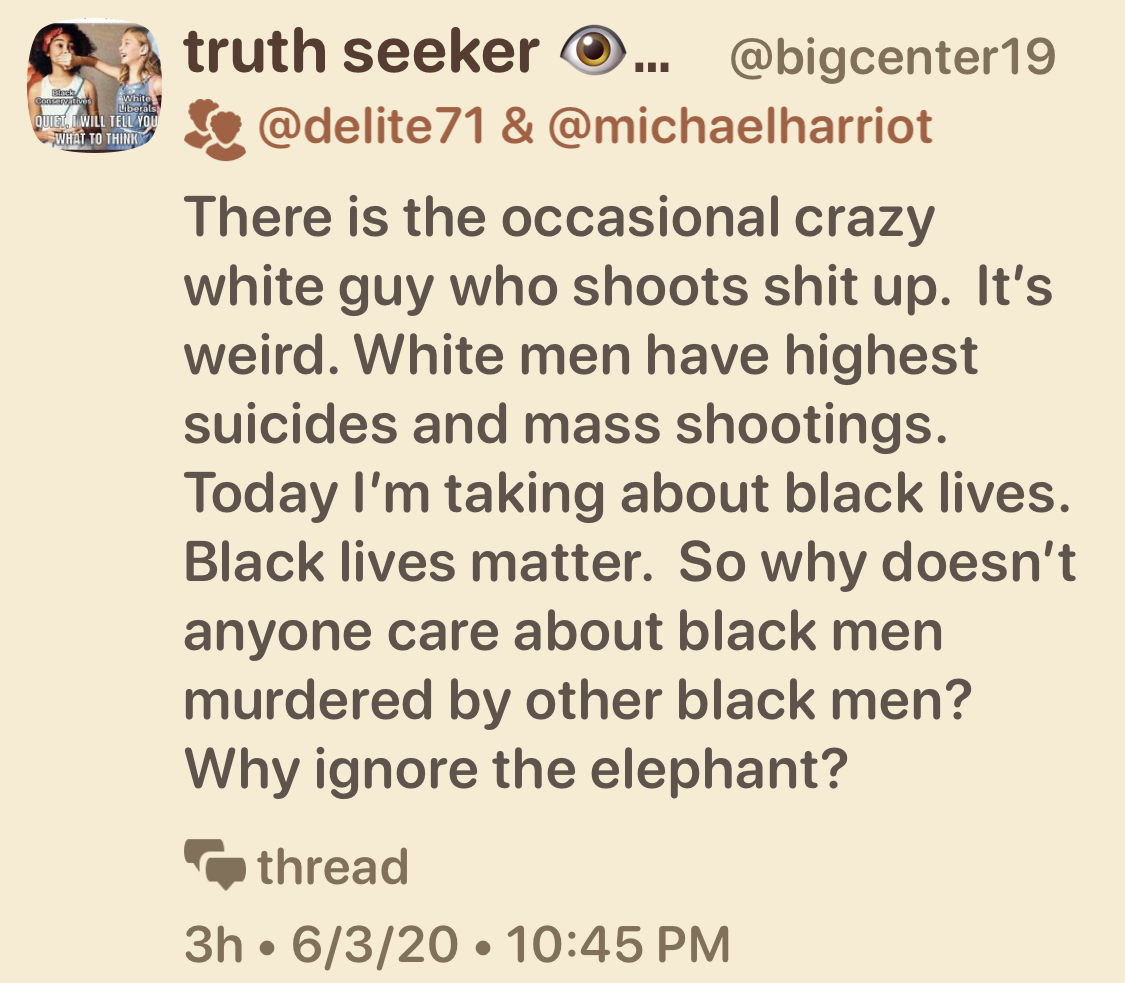 I had a professor who always talked about "the necessity of existence." Basically, some things should be created just so that thing will exist in the world.So here's a thread to RT anytime some1 responds to  #BlackLivesMatter   with "but black on black crime" like this yahoo.