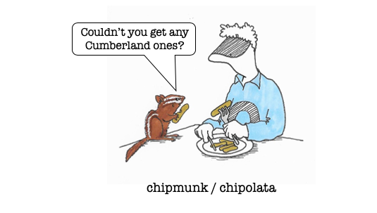 CaptQwerty's tweet photo. #strangeneighbours No.111 #chipmunk #chipolata Not actually sure what type of sausages chipmunks prefer. Chipmunk apparently derives from an old Ojibwe word meaning "one who descends  trees headlong". Is this right @susie_dent ? #humour #cartoon #sausages https://t.co/Bq0frDsTAR