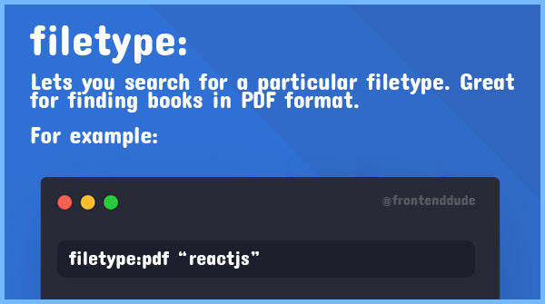 frontenddude's tweet image. 🔥 Google Search Tips Every Programmer Should Know
⬇️Developers spend a lot of time searching for answers, boost your search productivity using the tips below:
#100daysofcode #CodeNewbies #google #webdev #tips #programming #coding #search #productivity #productivityhacks