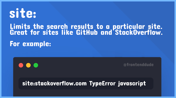 frontenddude's tweet image. 🔥 Google Search Tips Every Programmer Should Know
⬇️Developers spend a lot of time searching for answers, boost your search productivity using the tips below:
#100daysofcode #CodeNewbies #google #webdev #tips #programming #coding #search #productivity #productivityhacks