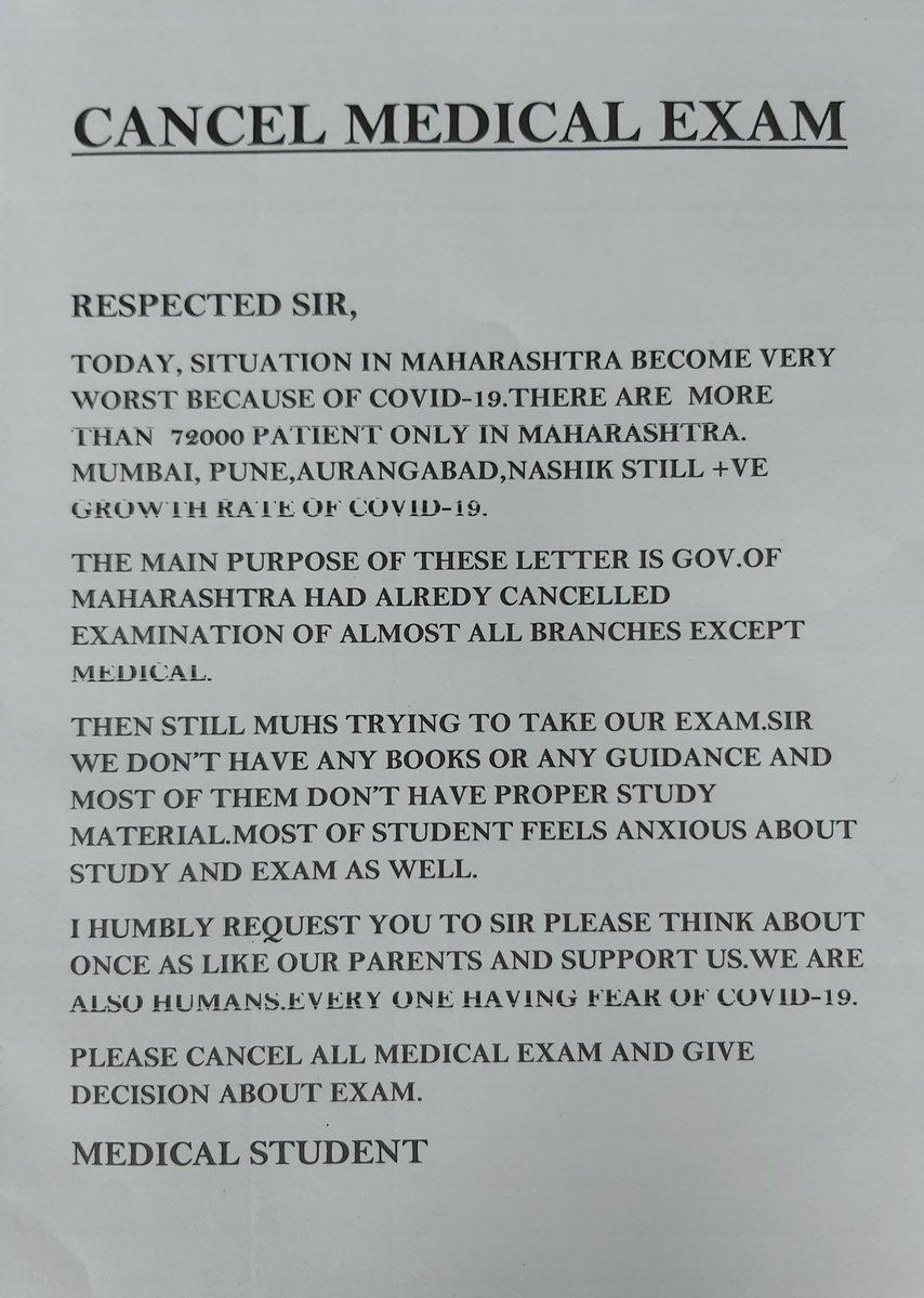 Didal's tweet photo. #cancelmedicalexams 
@AmitV_Deshmukh 
@BSKoshyari 
@CMOMaharashtra 
@maha_governor 
#CMUddhavThackeray 
#zeenews 
#abpmajha 
#ABPnews 
#aajtak https://t.co/8kwM56Vufx