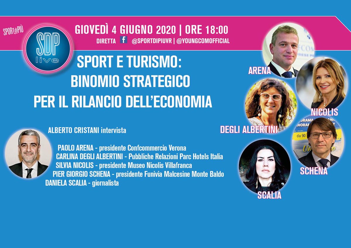 Oggi ore 18 segui la diretta Facebook con <a href="/Sdpvr/">SportdiPiù Magazine Veneto</a>.
Si parlerà di: #Sport e #Turismo: binomio strategico per il rilancio dell’#economia. 
bit.ly/2AyO30e 
<a href="/AlbertoCristani/">Alberto Cristani</a> intervista:
Paolo Arena, Carlina Degli Albertini, Silvia Nicolis, Pier Giorgio Schena, <a href="/DanielaScalia/">Daniela Scalia</a>