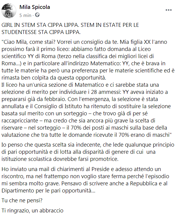 Ministre @elenabonetti e @AzzolinaLucia che si fa?
La marcia indietro si è innestata anche nella Scuola? Ci si gira un attimo e pof, ci perdiamo il lavoro di questi anni? Dopo tutti i bandi sulle stem e le studentesse siamo ancora a questo?
#girlinstem #unalgiorno