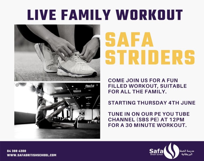 Our LIVE family workout starts in under 30minutes on our YouTube channel #theexcitementisreal #inthistogether <a href="/Safa_British/">Safa British School</a>