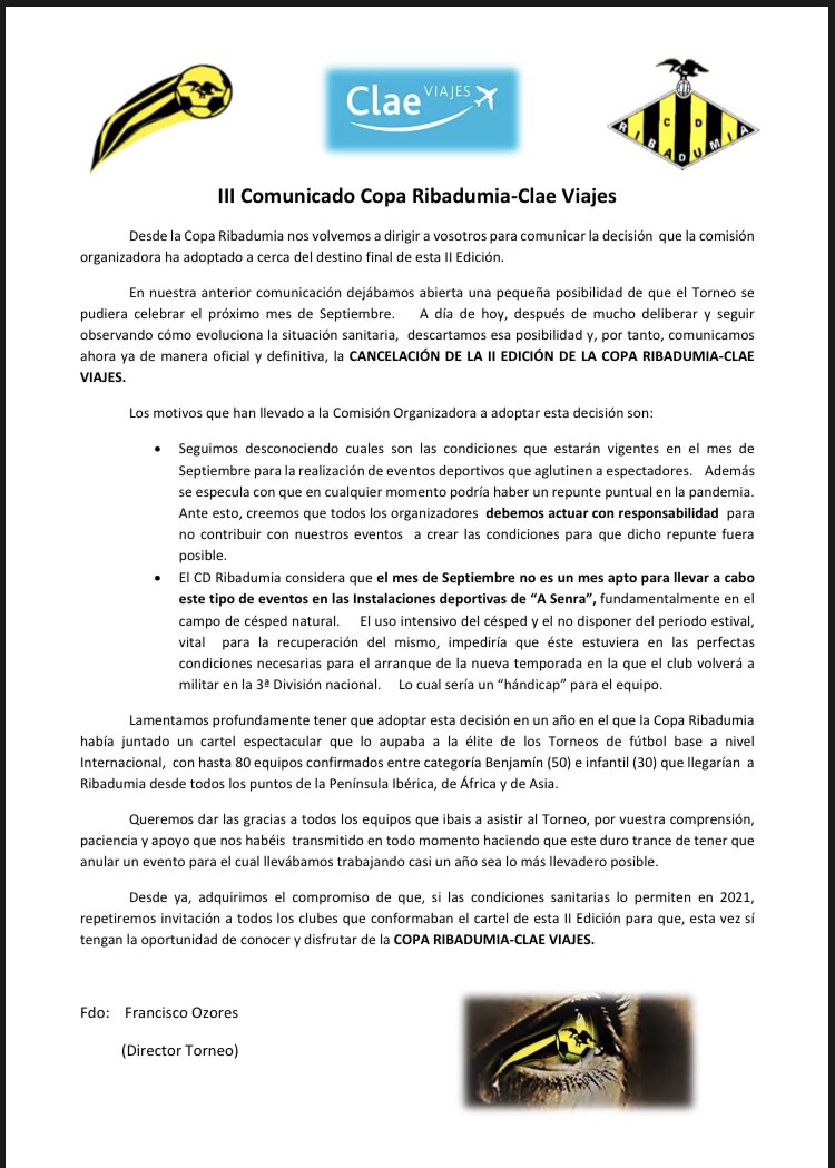 COMUNICADO OFICIAL 📣
¡Volveremos!
Y recordad: cuidémonos, no hay nada más importante que la salud.
Nos vemos pronto💪🏼⚽️🐝