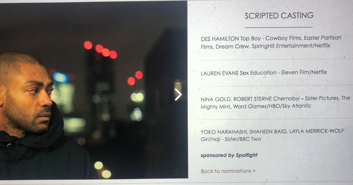TracyWiles's tweet photo. Congratulations to all the @BAFTA nominees. 
Great to see @DesHCasting in the new #scriptedcasting category for @topboynetflix.  #BaftaTV https://t.co/mLSKSBIbBz