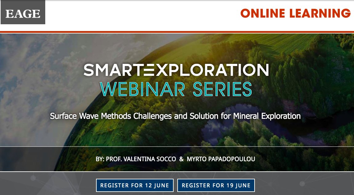 SmartExplore's tweet image. Welcome to the Smart Exploration Webinar Series!

Intrested in understanding &quot;Surface Wave Methods: Challenges &amp;amp; Solutions for Mineral Exploration&quot; by Valentina Socco &amp;amp; Myrto Papadopoulou?

Register for free and don&apos;t miss our sessions on 9 and 12  June.
eage.eventsair.com/sme-web-01-val…