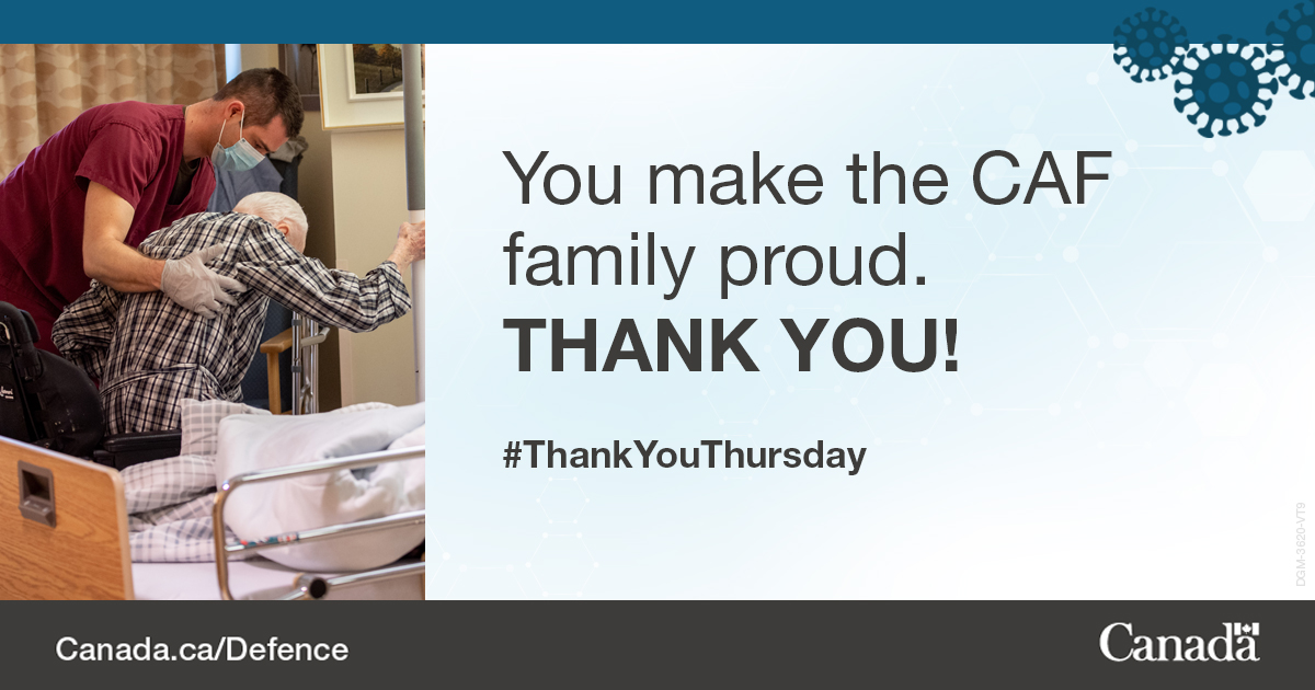 This #ThankYouThursday is dedicated to our uniformed members working in long term care facilities. 🇨🇦👏

Thank you to our #CAF medical personnel who are providing support with patient care, as well as CAF members who are providing cleaning and logistical support. #COVID19