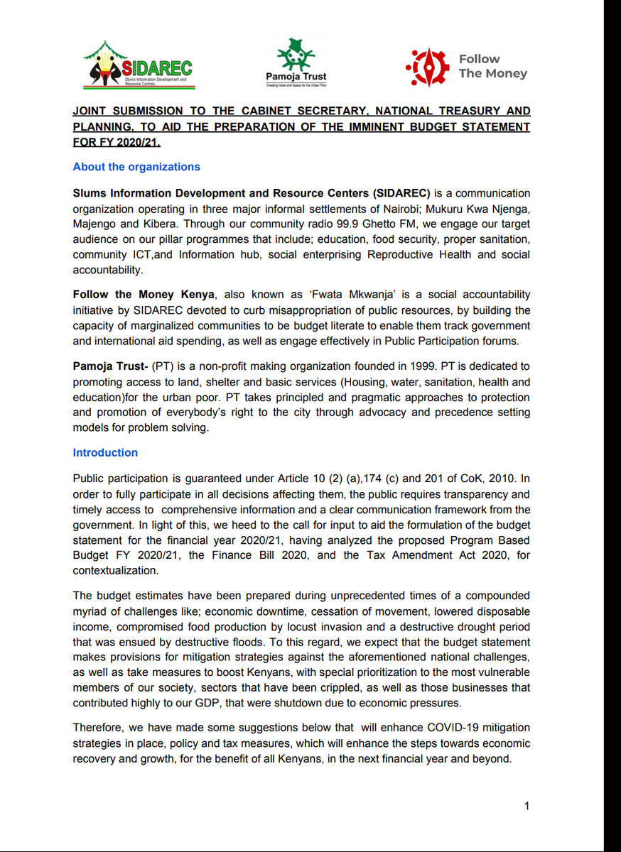 BudgeTalkGlobal's tweet photo. In response to a call for public input to aid the preparation of #BudgetStatement FY 2020/21 by @BaloziYatani CS @KeTreasury, we heed to it, &amp; made our submissions, having had analyzed the #taxammendmentact, #financebill2020 &amp; #PBBKe 2020/21 for contextualization.
#KeBudgetTalk https://t.co/liMg9QMR8Z